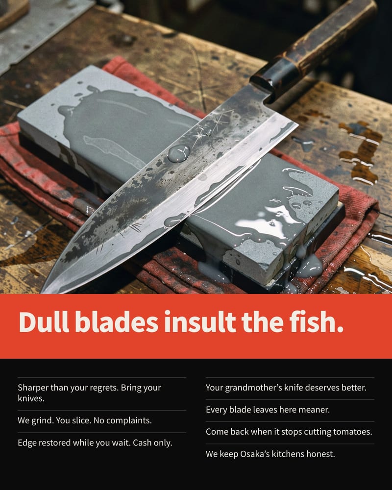 Carbon-steel knife on a wet whetstone, a red band reading Dull blades insult the fish, and seven more taglines on black