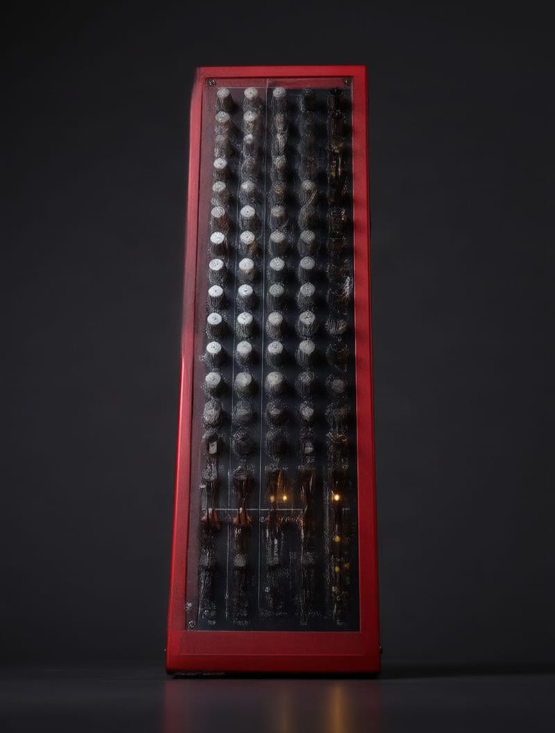 Red-edged graphite synthesizer tower viewed from a low camera angle in a dark studio.