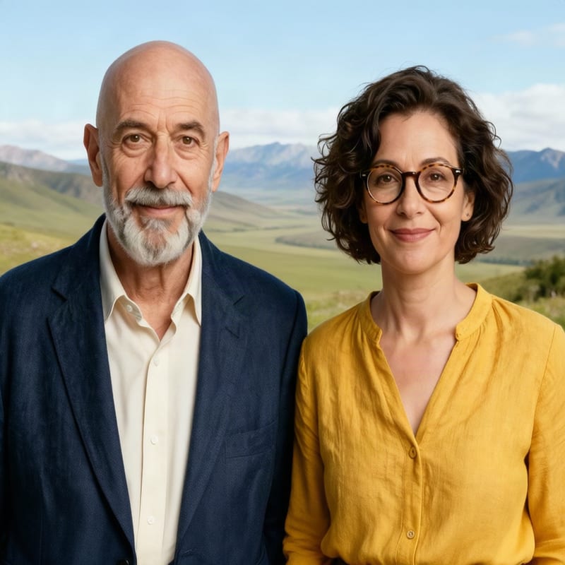 Two reference subjects combined into a single outdoor portrait with a mountain landscape.