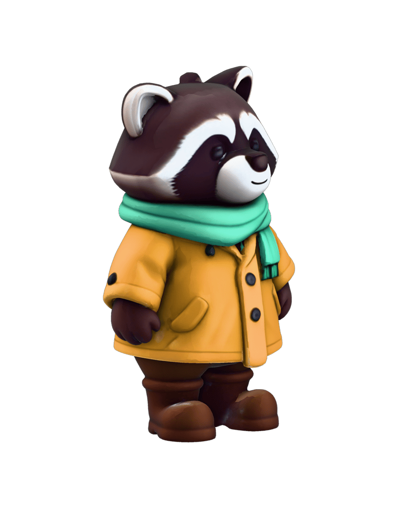 Raccoon character in a mustard raincoat reconstructed with Hunyuan3D Multiview