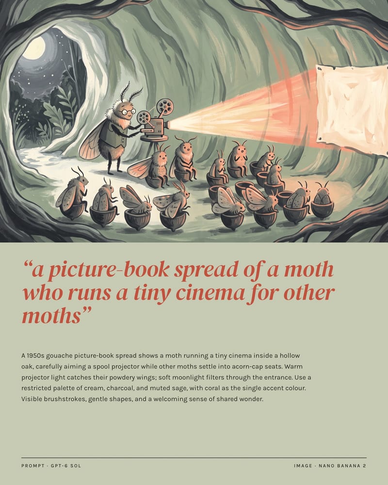 Gouache picture-book spread of a moth projecting a film for moths seated in acorn caps, above the idea and GPT-6 Sol's prompt