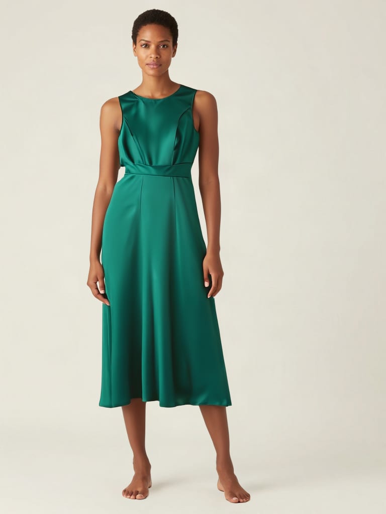 Fashn Tryon evening-wear result showing an emerald satin dress on a model.