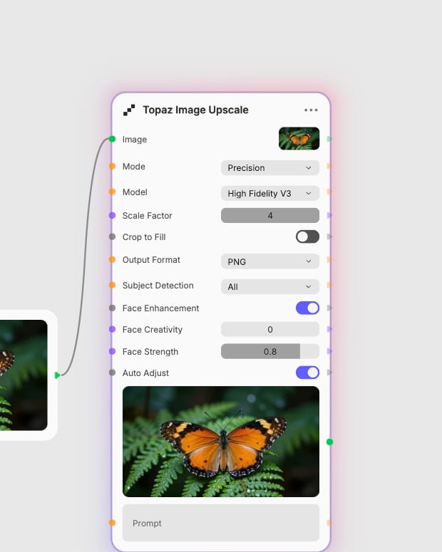 Topaz Image Upscale in Fuser set to Precision, High Fidelity V3, and four-times scaling.