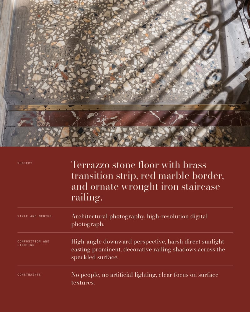 Overhead terrazzo landing with a red marble band, above a Verona-red panel of subject, style, composition and constraints prompt slots