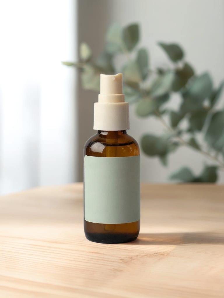 Amber skincare bottle resting directly on natural oak with soft diffuse daylight and blurred sage foliage.