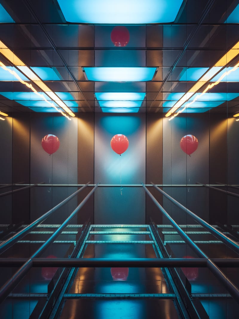 Red balloons floating in a mirrored cobalt elevator under cinematic strip lights.
