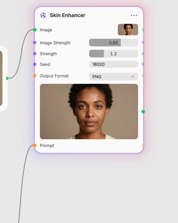 The completed Skin Enhancer portrait in Fuser with PNG selected as the output format.