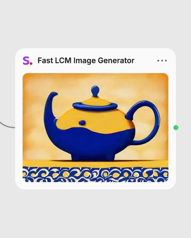 Completed blue and yellow teapot illustration in the Fast LCM Image Generator node in Fuser.