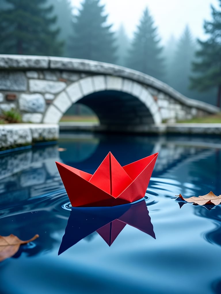 Red paper boat on blue water beside a stone bridge and misty pines, generated from a bilingual prompt.