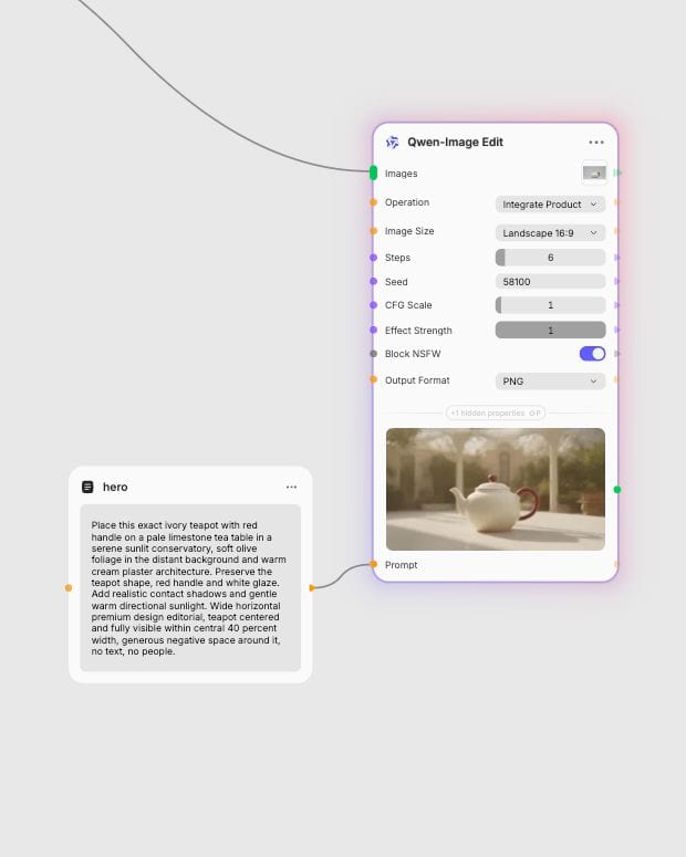 Integrate Product operation and connected text prompt displayed beside the Qwen-Image Edit result in Fuser.