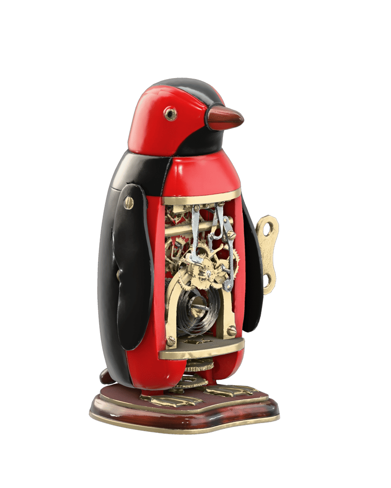 mechanical tabletop penguin automaton, red and black lacquer panels, visible brass gears and winding key, original collectible — rendered from a native meshy 3D generation
