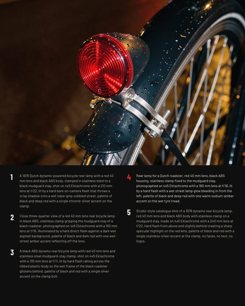 Wet red bicycle rear lamp photographed with flash at night, above five numbered catalogue photo prompts set on black