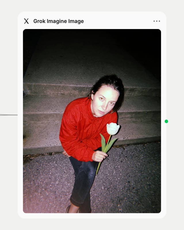 Grok Imagine Image node output: the same woman in the red windbreaker on the night steps, now holding a white tulip instead of a comb