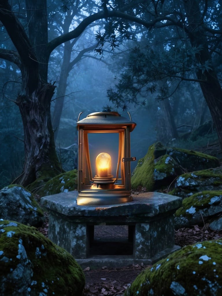 A glowing brass lantern inserted onto a stone pedestal in a blue misty forest using SDXL Inpainting.
