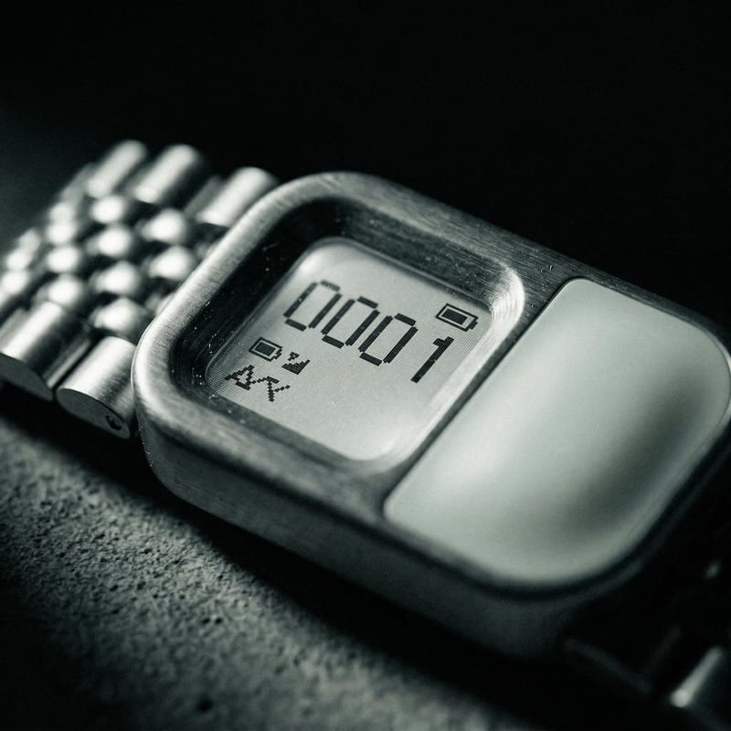 Studio product concept showing a metallic digital watch in close-up under dramatic lighting.