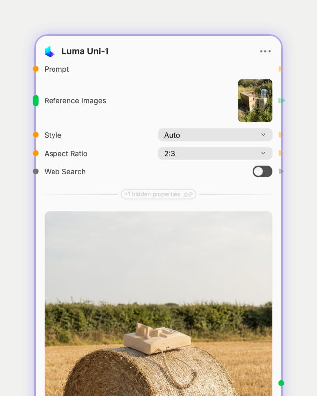 Luma Uni-1 node with a wired prompt, one reference image, Style Auto, Aspect Ratio 2:3 and Web Search off