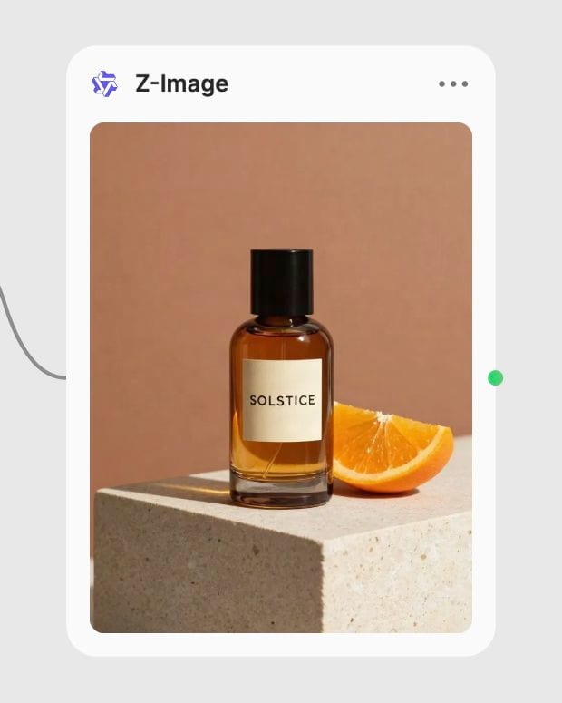 The Z-Image node in Fuser displaying an amber SOLSTICE perfume bottle beside an orange slice on pale stone.