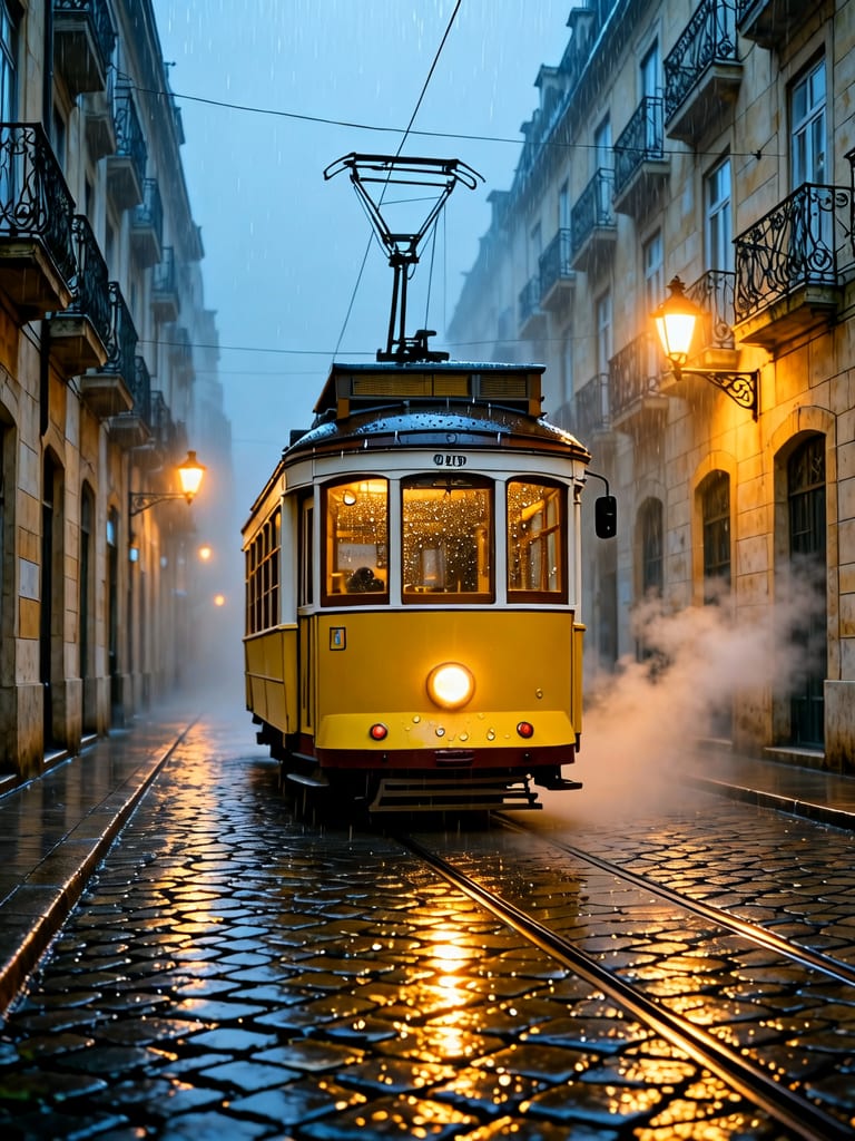 Yellow tram on a rainy cobbled street with warm lamps and blue-hour reflections.