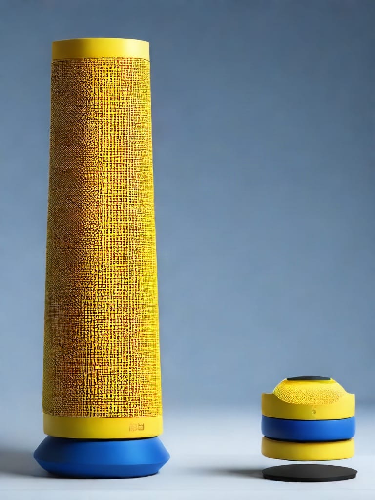 Yellow cylindrical speaker and a small matching component on a blue-gray studio surface.