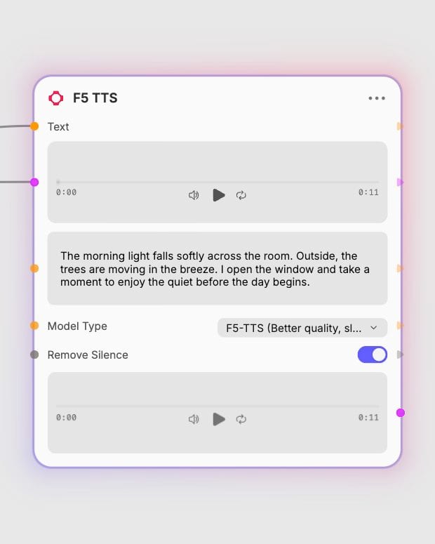 F5 TTS: Synthesize target speech. Real local Fuser canvas capture.