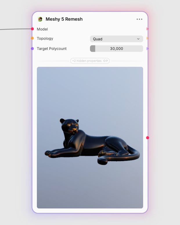 Meshy Remesh node displaying the remeshed panther