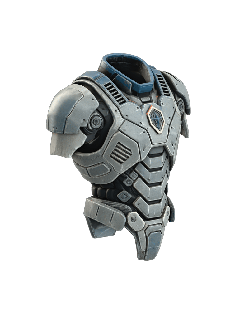 Blue and ivory mecha armor retextured by Meshy