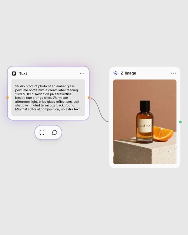 A Text node connected to Z-Image in Fuser, showing the full SOLSTICE perfume photo prompt and its generated result.