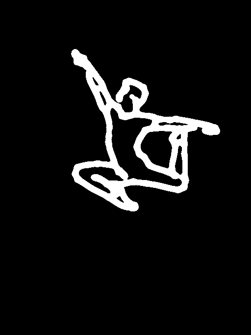 White outline of an airborne dancer on black, extracted by Scribble Detection using PiDiNet.