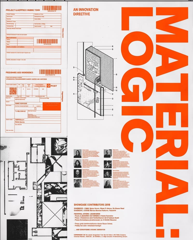 Architectural editorial poster concept with large orange Material Logic typography, technical diagrams and a structured grid.