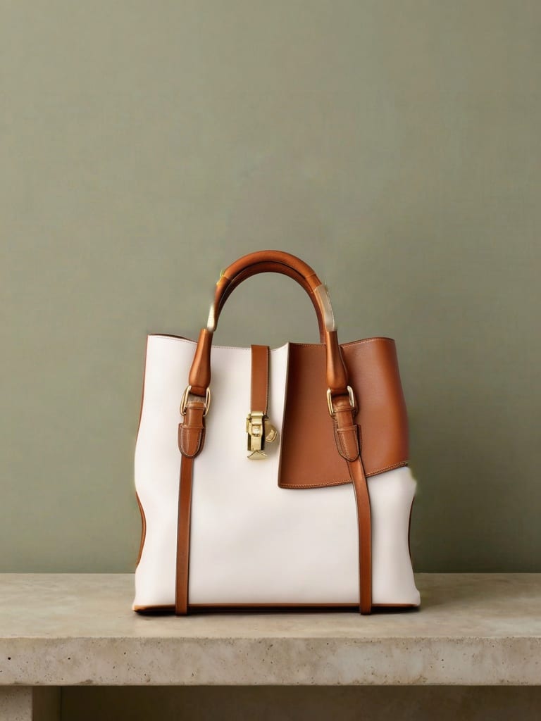 SDXL Inpainting replaces a canvas tote with a structured cream-and-cognac handbag with leather handles and brass details.