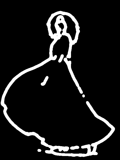 White contour of a woman in a flowing gown on black, extracted by Scribble Detection using HED.