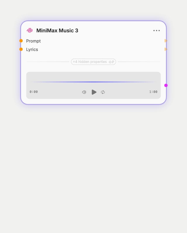 MiniMax Music 3 node in Fuser with its Prompt and Lyrics inputs connected and a one-minute song ready to play.