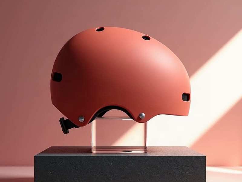 Coral-red helmet on a clear display stand with a diagonal beam of light, generated with FLUX.1 Dev.