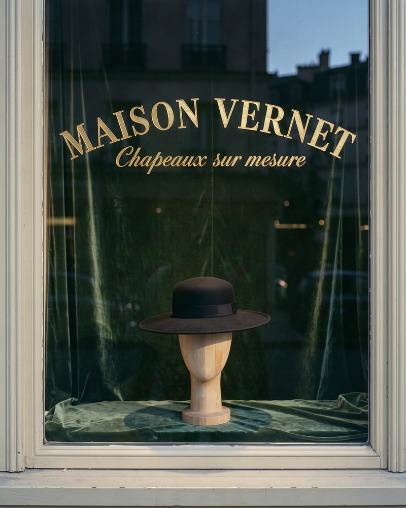 Gold-leaf lettering reading MAISON VERNET, Chapeaux sur mesure, on a Paris milliner's window, a black felt hat on a wooden head form behind the glass