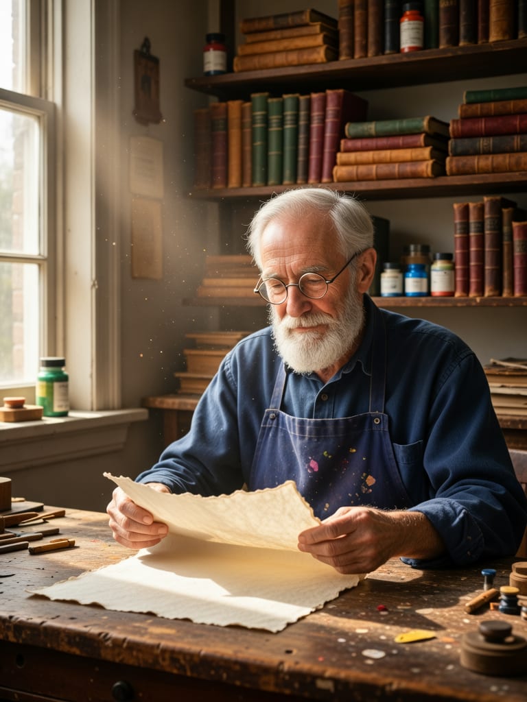 Silver-bearded bookbinder inspecting handmade paper at a wooden workbench.