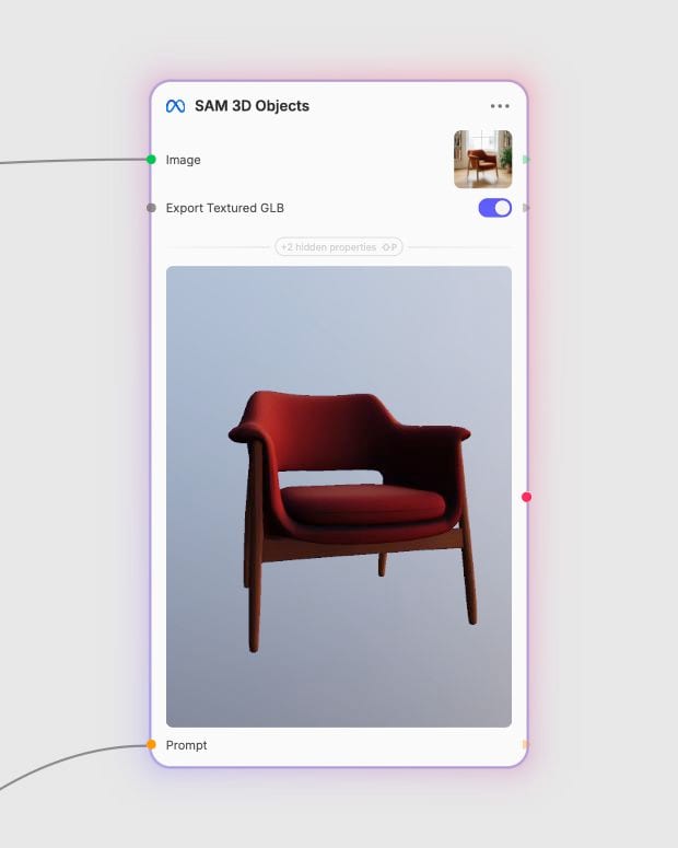 Local Fuser SAM 3D node with compact source input and reconstructed chair output