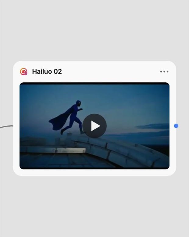 Hailuo 02 result node showing a cinematic rooftop action clip.