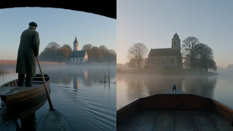 Last frames of the same prompt: Kling 4.0 (left) keeps the ferryman in his punt under the bridge; Seedance 2.5 (right) ends from the bow facing a misty island chapel.
