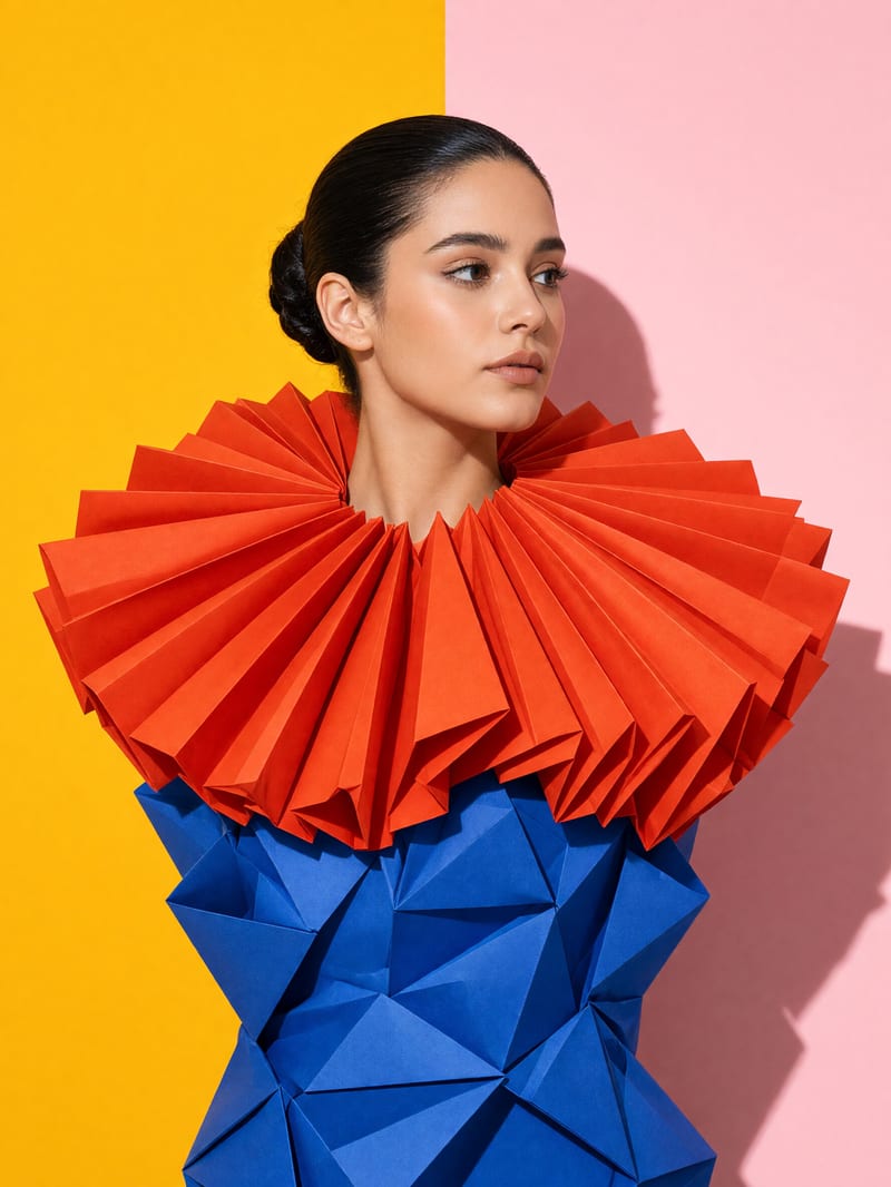 Model in a pleated vermilion paper collar and faceted cobalt paper bodice against split saffron and pink backdrops