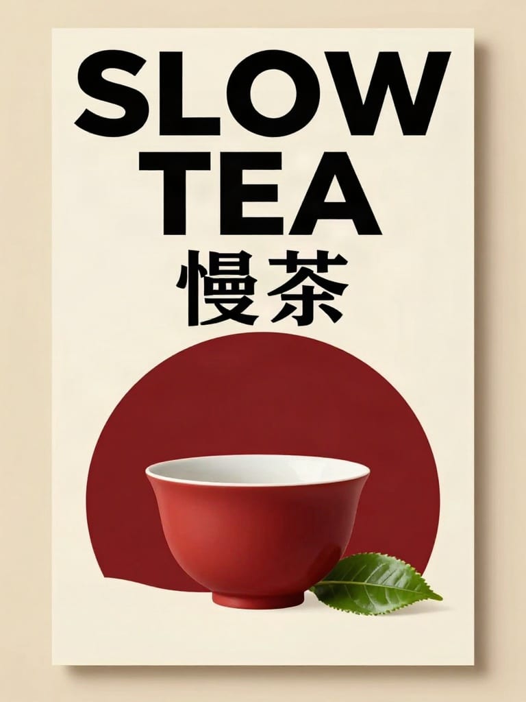 Cream and red tea poster with the English headline “SLOW TEA” and Chinese text “慢茶”, generated with Z-Image.