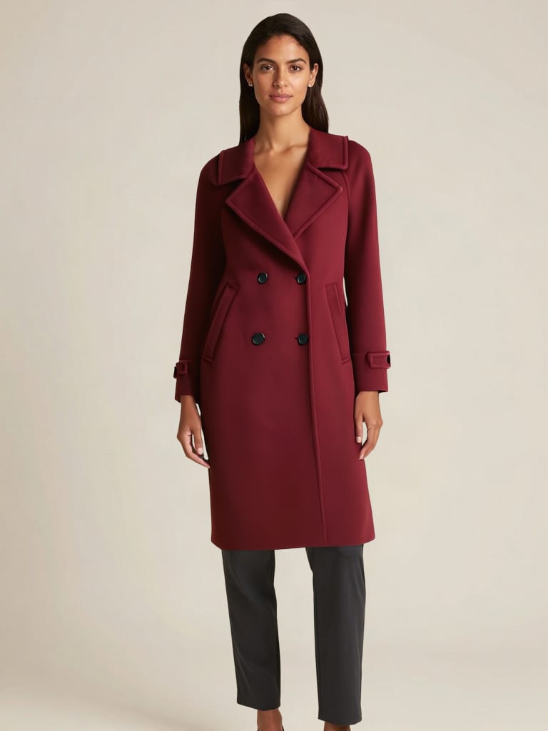 Fashn Tryon lookbook result with a burgundy double-breasted wool coat.
