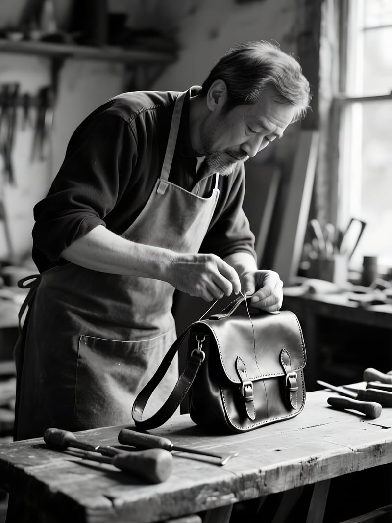 Fictional black-and-white leather artisan scene enlarged with Recraft Upscale.