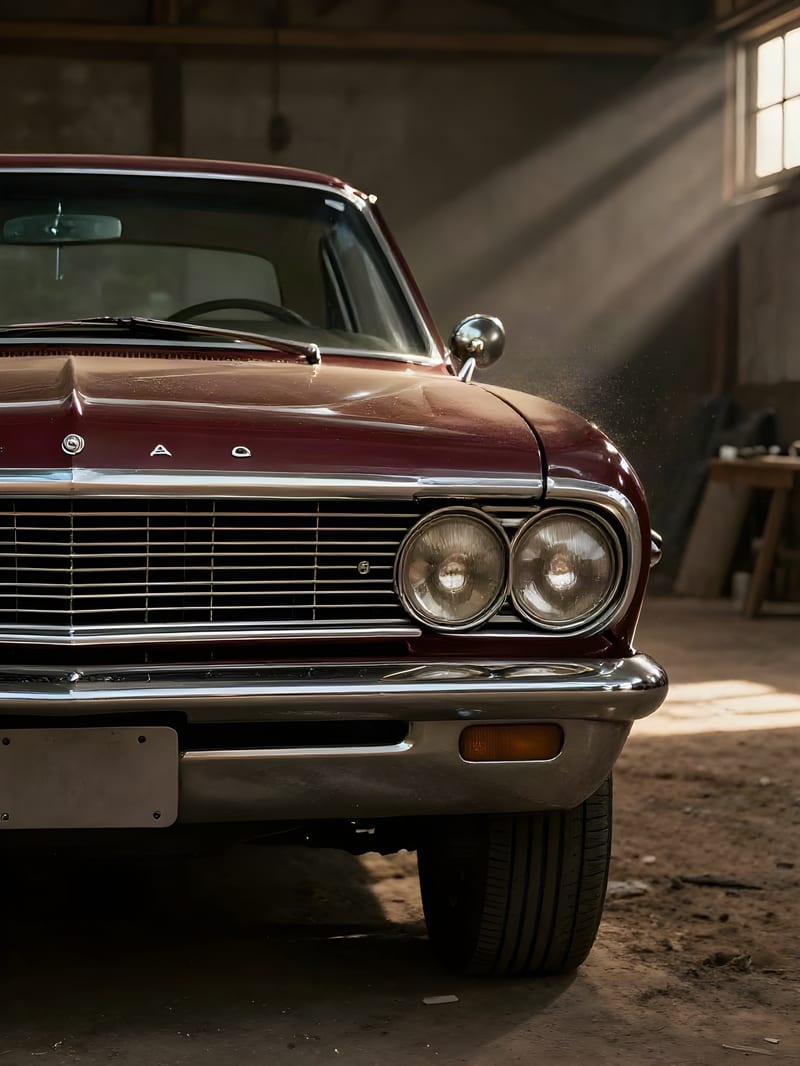 Burgundy vintage-style coupe with chrome grille and headlamp detail, upscaled by ESRGAN.