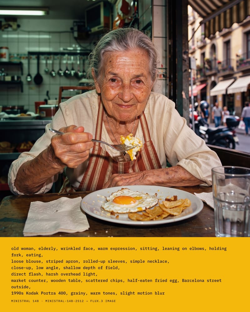 Flash photo of an old woman eating a fried egg with chips at a Barcelona market counter, above a yellow band of prompt tags