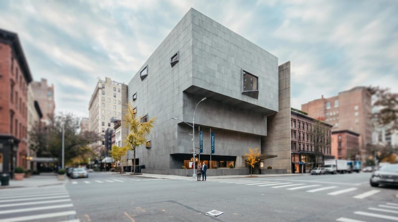 Architectural concept of a modern concrete building at an urban intersection, framed by brick buildings.