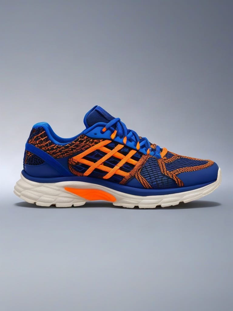Blue technical running shoe with orange detailing and a sculpted cream sole, rendered from wireframe outlines.