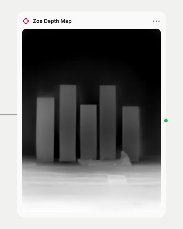 Zoe Depth Map node output: grayscale depth map of tall stage flats, the floor brightening toward the camera