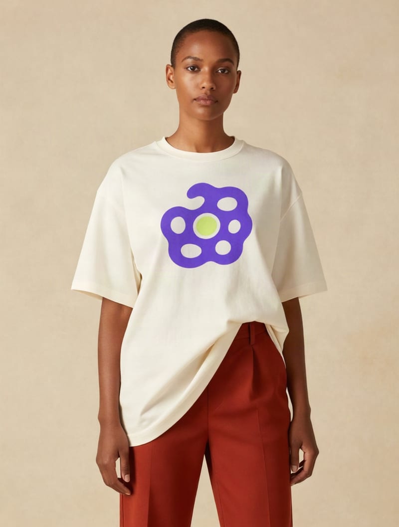 Violet and lime reference graphic mapped onto a woman’s draped ivory T-shirt.