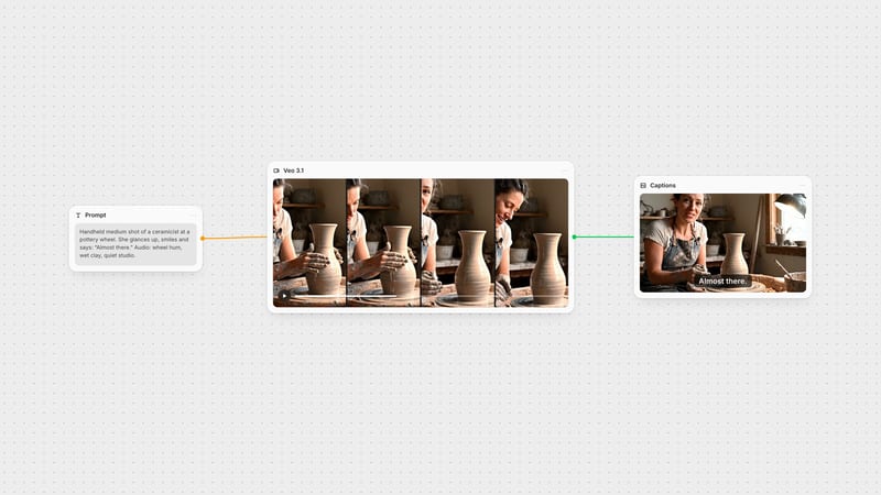Fuser canvas: a dialogue prompt feeds a Veo 3.1 node showing a potter at a wheel, followed by a captions step reading Almost there.
