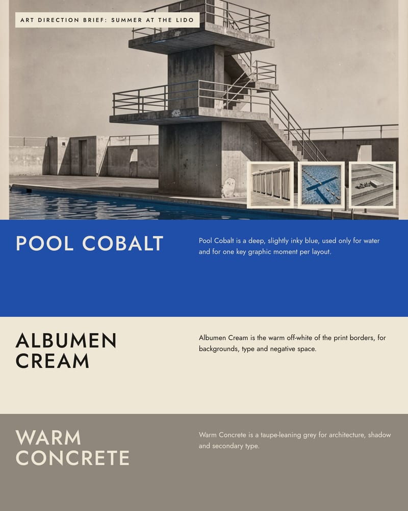1930s diving-tower photo above three colour bands, Pool Cobalt, Albumen Cream and Warm Concrete, each with its line from the brief